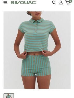 Find me now turquoise & brown striped polo style shirt